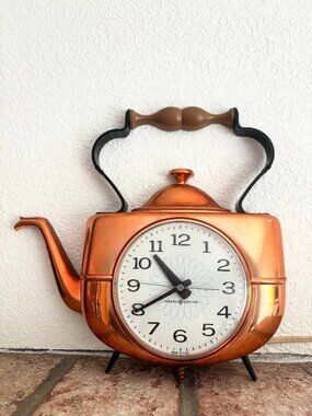 Vintage General Electric Teapot Wall Clock Copper Tone Atomic Kitchen Decor